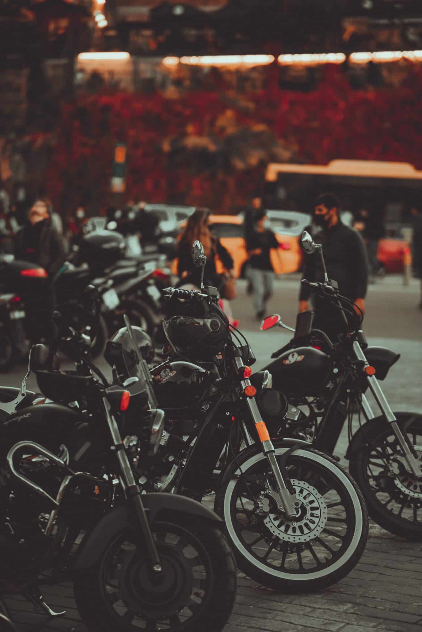 Motorcycles parked in the evening