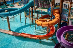 Colorful water park slides on a sunny day