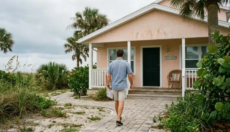 Property manager walking toward a Daytona Beach vacation rental, illustrating should i hire a property manager decision