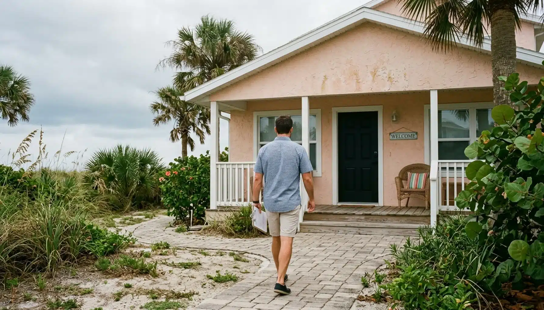 Property manager walking toward a Daytona Beach vacation rental, illustrating should i hire a property manager decision