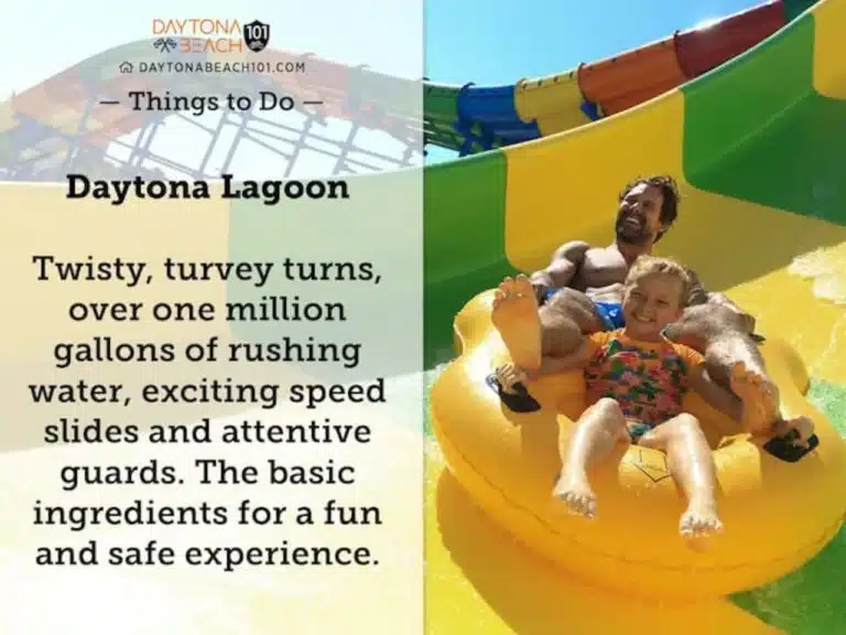 Family enjoying yellow water slide at Daytona Lagoon water park, a top attraction in Daytona Beach where to stay
