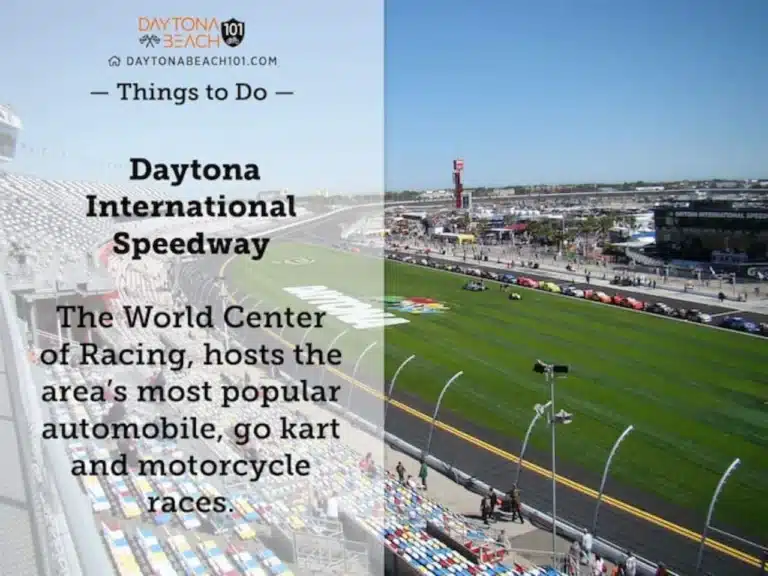Elevated aerial view of racing venue with blue skies showing common vacation rental owner mistakes in Daytona Beach